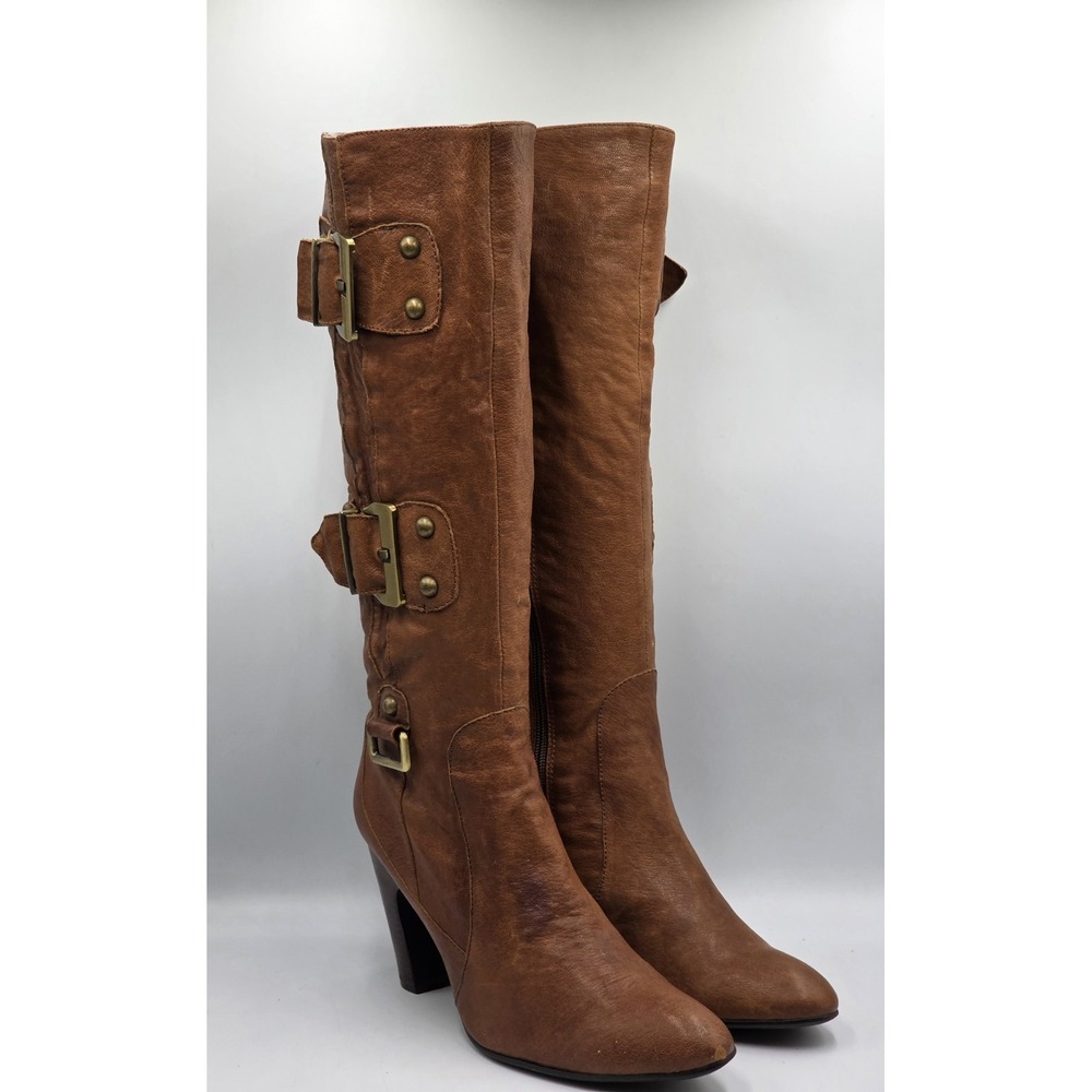 N.Y.L.A. Vintage Knee High Leather Moto Boots Honey Brown Buckle Heels 8.5M
